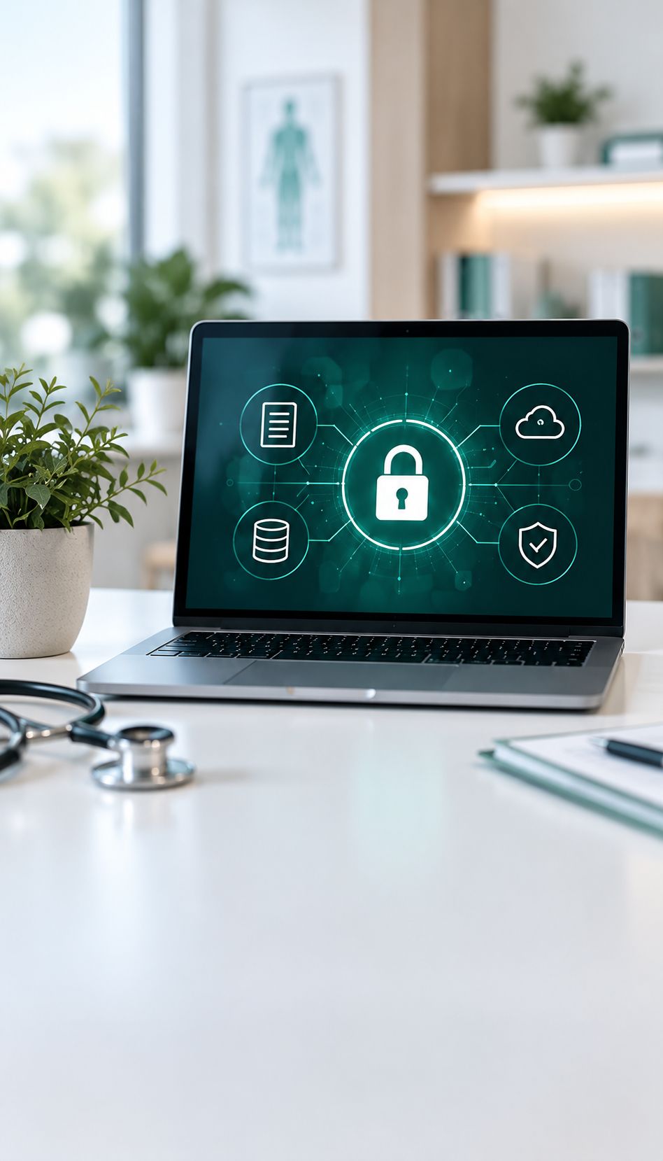 Portátil en el mostrador de una clínica con un candado y varios iconos de seguridad en la pantalla, junto a un fonendoscopio