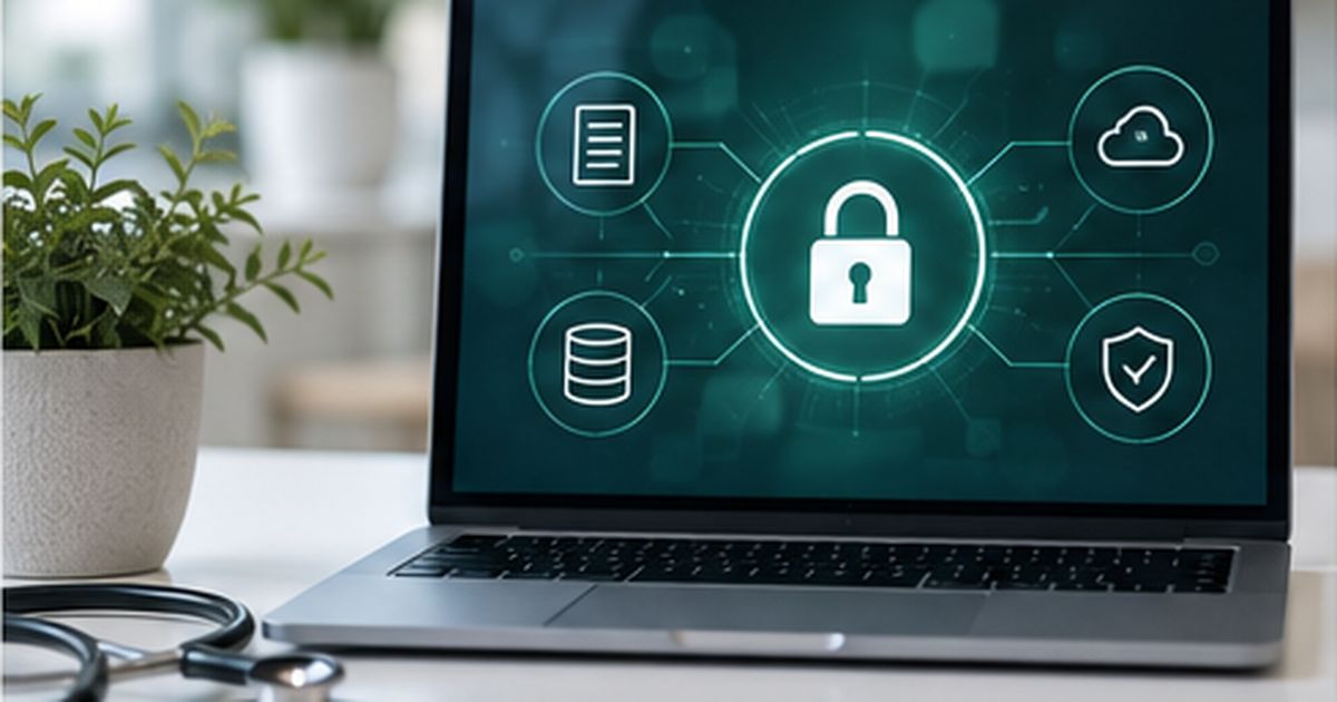 Portátil sobre el mostrador de una clínica con un candado y varios iconos de seguridad en la pantalla