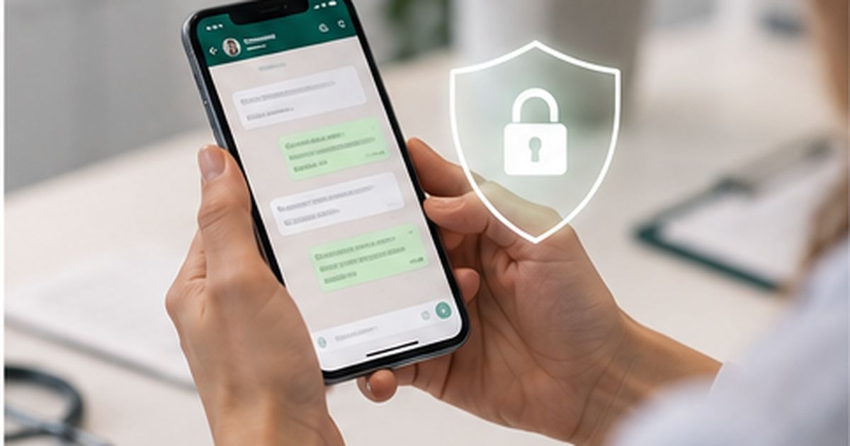 Manos sosteniendo un móvil con una conversación de WhatsApp, y al lado un escudo con un candado