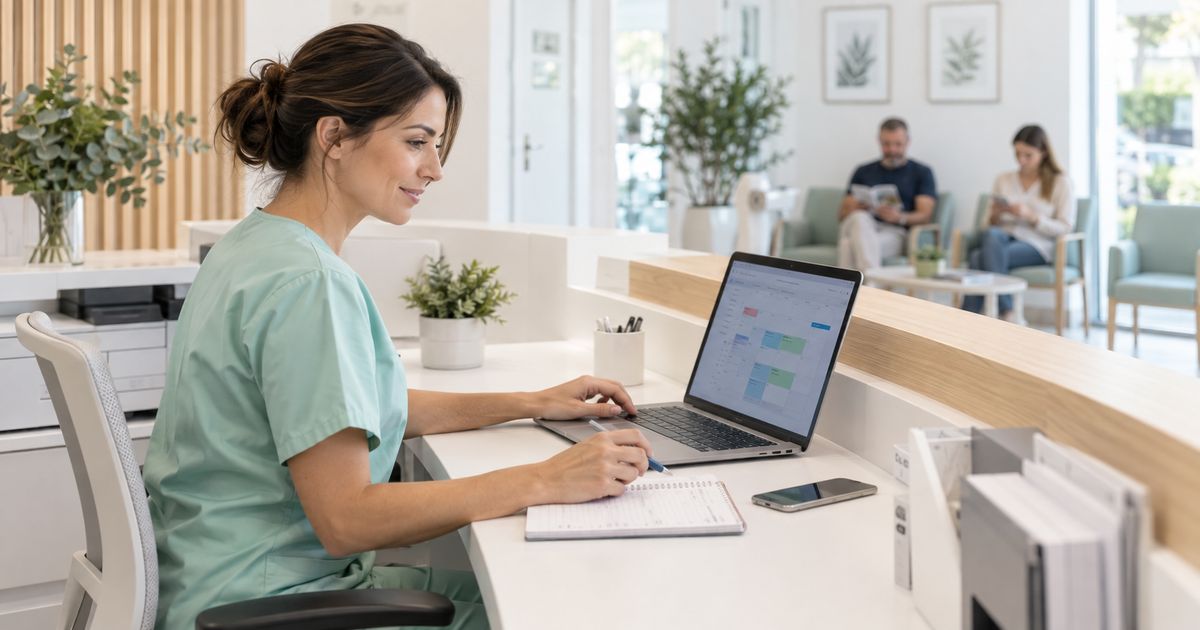 A receptionist at a clinic front desk organising the schedule on a laptop, with patients waiting in the background
