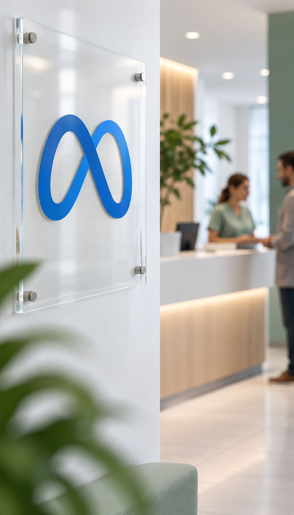 Logotipo de Meta en un panel de cristal, con la recepción de una clínica desenfocada al fondo