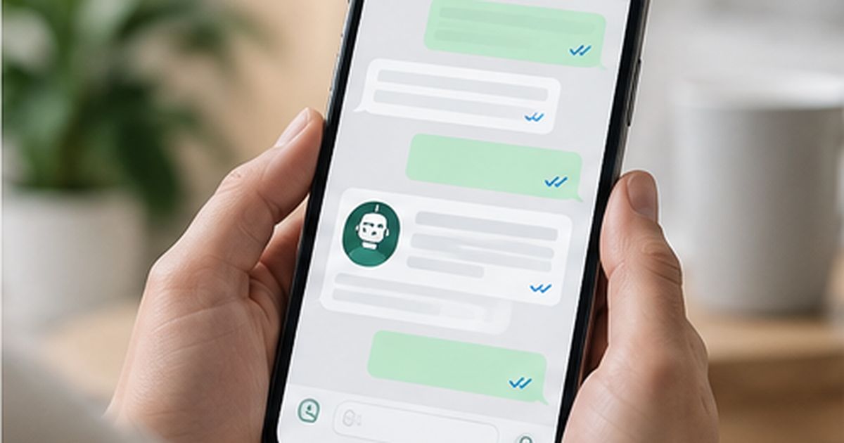 Manos sosteniendo un móvil con una conversación de WhatsApp en la que responde un asistente automático