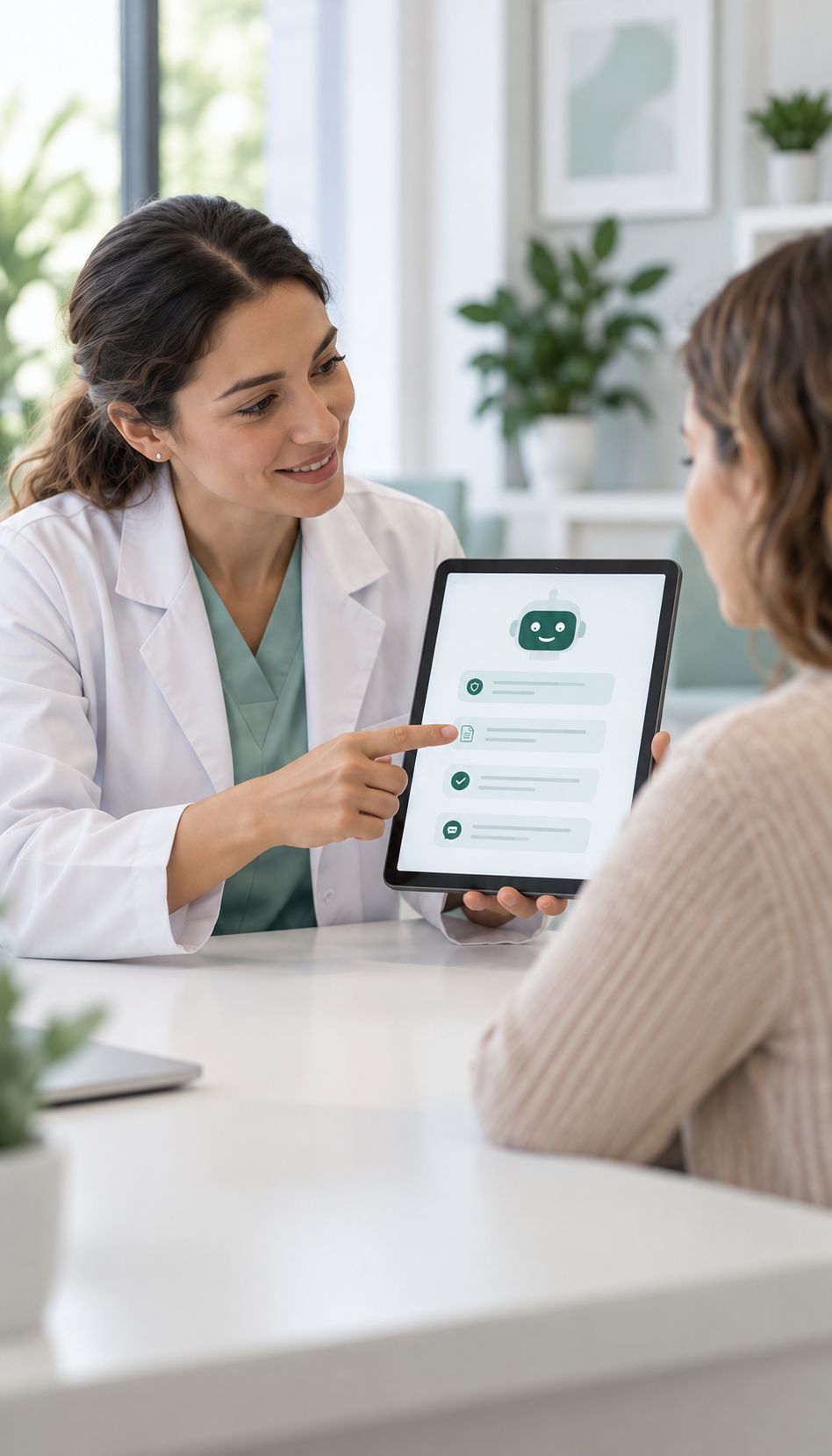 Profesional sanitaria enseñando a una paciente una tableta con la conversación de un asistente de IA
